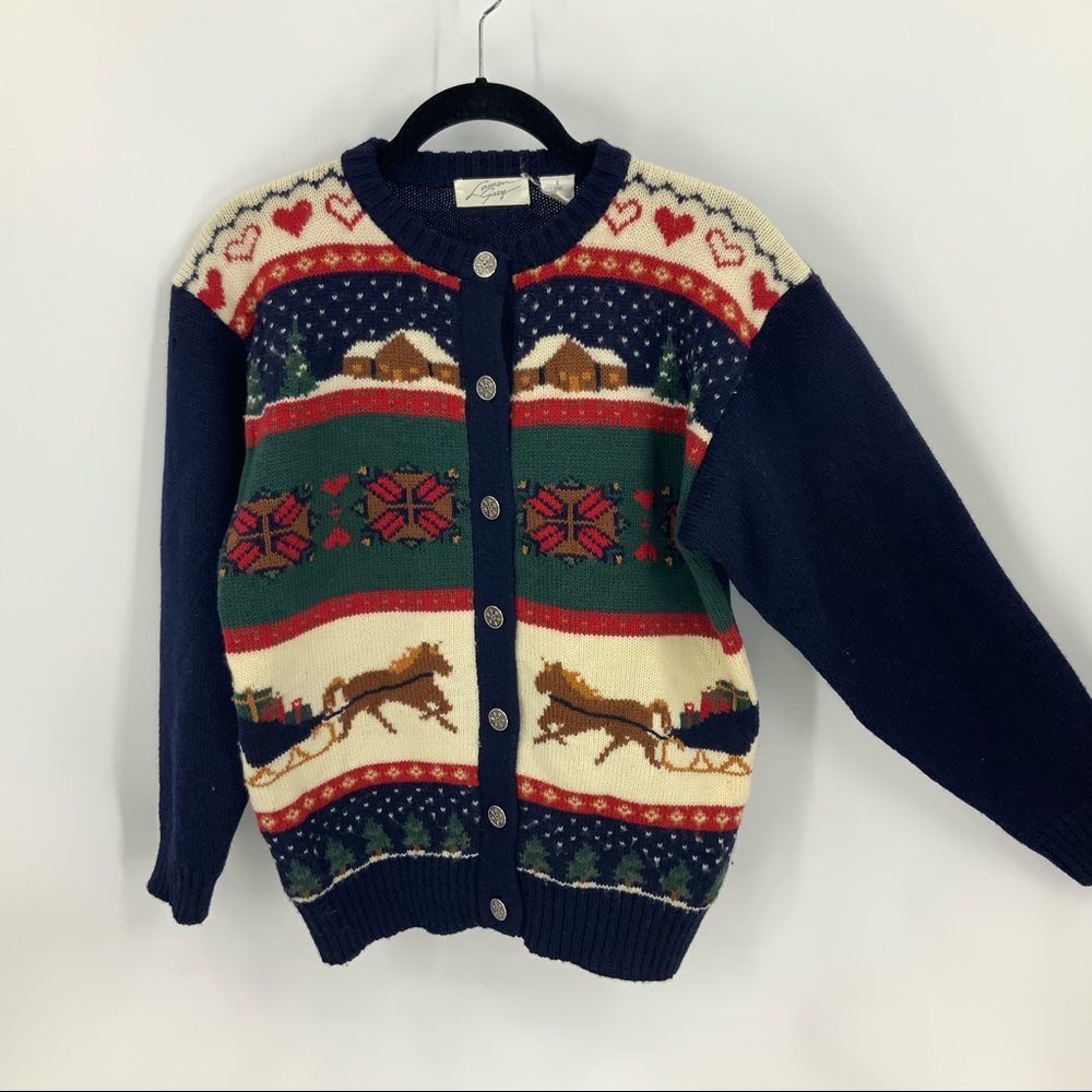Lauren grey Vintage 100% wool winter scenic print button front cardigan S